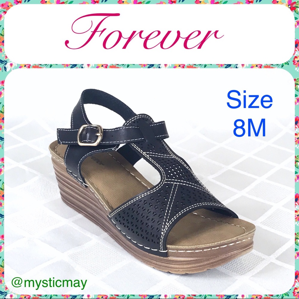 NEW Black Open Toe Cutout Design Buckle Strap Platform Wedge Sandals Size 8 M